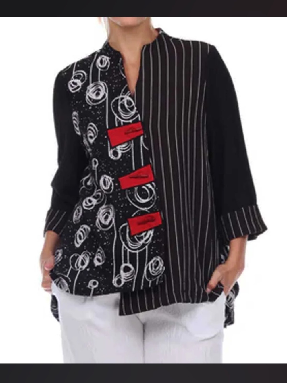 Ali Miles Moonlight Swirls Art to Wear Lagenlook Asymmetric Top Buttons Size L